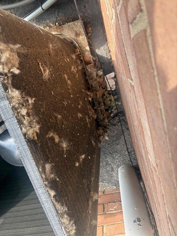 Performed scheduled commercial cooling maintenance visit on rooftop HVAC unit. Upon inspection, discovered evaporator coil heavily contaminated with dirt, dust, and debris buildup causing restricted airflow. Documented existing conditions including significant accumulation on coil fins and surfaces. Inspected electrical conduit runs and mounting hardware, confirming secure installation against brick wall structure. Assessed upper structural area and surrounding components for overall system condition. Unit requires immediate coil cleaning to restore proper airflow and operational efficiency.