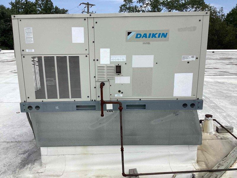 Completed scheduled commercial filter maintenance visit on Daikin rooftop packaged HVAC unit. Accessed rooftop equipment, inspected unit operation, replaced air filters per maintenance schedule, and documented system condition with photographs. All equipment operating within normal parameters upon completion of service.