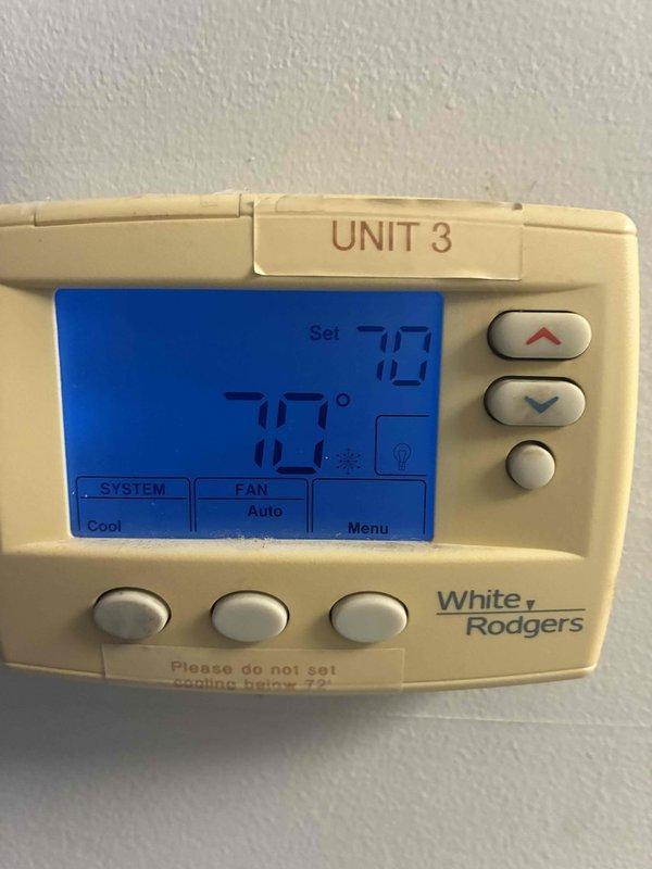 Returned to site to re-evaluate Unit 3 air conditioning system following previous day's service work. Verified thermostat operation and confirmed system is cycling properly in cooling mode with fan set to auto. Temperature differential between current reading and setpoint functioning as expected, with unit maintaining proper call for cooling. Documented thermostat settings and system status showing normal operation.