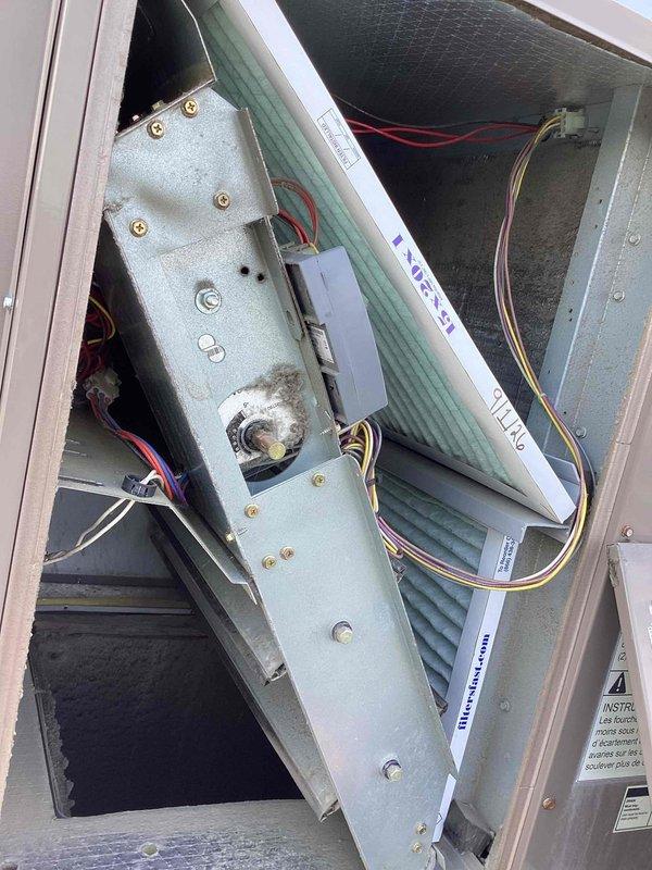 Responded to no cooling complaint in patient room on 3rd floor with thermostat set at 67°F but reading 71°F. Inspected HVAC unit, verified temperature readings with digital thermometer, and examined internal components including blower assembly, wiring connections, and control board. System was found to have operational issues that were addressed, restoring proper cooling function to the space.