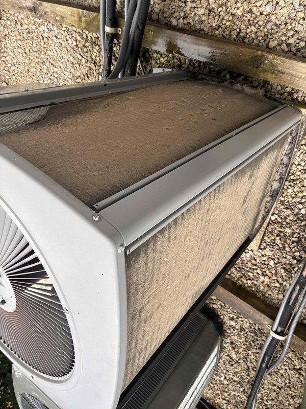 Completed spring maintenance on three commercial rooftop units (100, 200, 300) per contract agreement. Performed comprehensive preventive maintenance including filter inspection, coil cleaning, refrigerant line assessment, and electrical connection verification. Units 100 and 200 exhibited heavy debris accumulation on condenser coils and filter screens requiring thorough cleaning to restore proper airflow and heat transfer efficiency. Removed dirt, pollen, and organic matter buildup from mesh panels and top surfaces. Inspected refrigerant lines for proper insulation and secure mounting, noting some algae growth on exterior piping requiring attention. Verified fan operation and checked all mounting hardware for security. All three units tested operational upon completion with improved airflow and no refrigerant leaks detected.