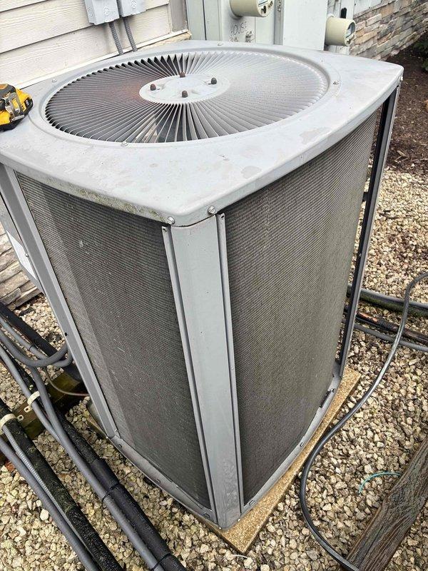 Completed spring maintenance on three commercial rooftop units (100, 200, 300) per contract agreement. Performed comprehensive preventive maintenance including filter inspection, coil cleaning, refrigerant line assessment, and electrical connection verification. Units 100 and 200 exhibited heavy debris accumulation on condenser coils and filter screens requiring thorough cleaning to restore proper airflow and heat transfer efficiency. Removed dirt, pollen, and organic matter buildup from mesh panels and top surfaces. Inspected refrigerant lines for proper insulation and secure mounting, noting some algae growth on exterior piping requiring attention. Verified fan operation and checked all mounting hardware for security. All three units tested operational upon completion with improved airflow and no refrigerant leaks detected.
