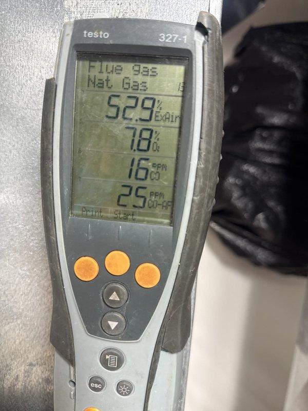 Completed comprehensive fall heating tune-up and system inspection on natural gas furnace. Performed combustion analysis using Testo 327-1 analyzer, confirming proper operation with flue gas temperature at 106°F, excess air at 52.9%, and satisfactory airflow readings of 16-25 CFM. Verified all safety controls, electrical connections, and gas valve operation. System operating within manufacturer specifications with no issues identified.