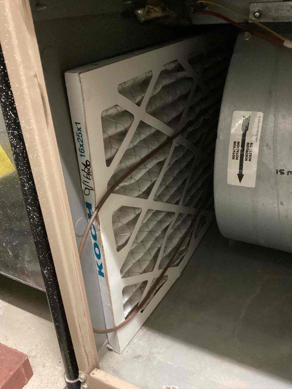 Completed recurring commercial heating maintenance visit on residential HVAC system. Performed comprehensive inspection of furnace unit, verified proper operation of all components, and examined air filter condition. Filter showed moderate dirt accumulation and discoloration from use but remained serviceable. Inspected ductwork connections, water heater integration, and associated mechanical systems to ensure all equipment operating within normal parameters.