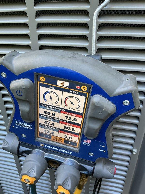 Completed warranty replacement of outdoor condensing unit. Removed and properly disposed of failed outdoor unit, installed new condenser on existing pad, and reconnected refrigerant lines and electrical connections. Performed startup procedures and verified system operation using digital manifold gauges. Confirmed proper refrigerant pressures with suction pressure at 80.6 PSI, superheat at 13.4°F, and subcooling at 9.6°F. System operating within manufacturer specifications with appropriate temperature splits across the evaporator coil.
