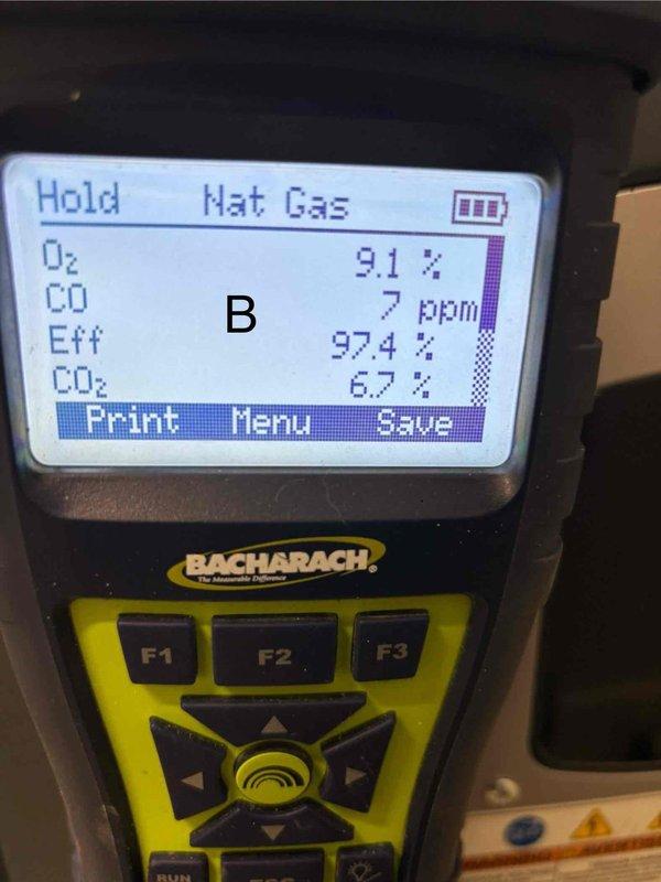 Completed comprehensive furnace maintenance and combustion analysis testing. Performed diagnostic measurements on natural gas furnace using calibrated combustion analyzer, recording efficiency readings of 92.2-97.4%, oxygen levels of 8.9-9.1%, carbon dioxide levels of 6.7-6.8%, and carbon monoxide levels of 7-8 ppm, confirming safe and efficient operation within manufacturer specifications.