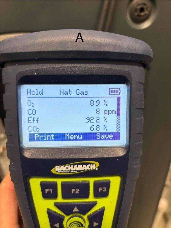 Completed comprehensive furnace maintenance and combustion analysis testing. Performed diagnostic measurements on natural gas furnace using calibrated combustion analyzer, recording efficiency readings of 92.2-97.4%, oxygen levels of 8.9-9.1%, carbon dioxide levels of 6.7-6.8%, and carbon monoxide levels of 7-8 ppm, confirming safe and efficient operation within manufacturer specifications.