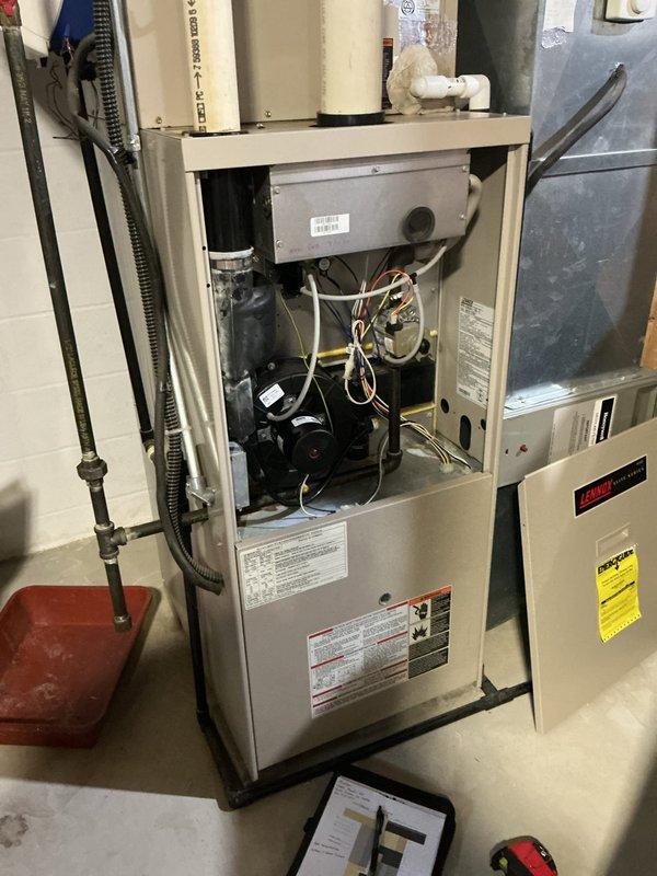 Completed full HVAC system replacement including new furnace and air handler installation in residential basement utility room. Integrated air cleaner into the new system, connected all necessary ductwork, ventilation piping, electrical wiring, and condensate drainage. All components tested and verified operational upon completion.