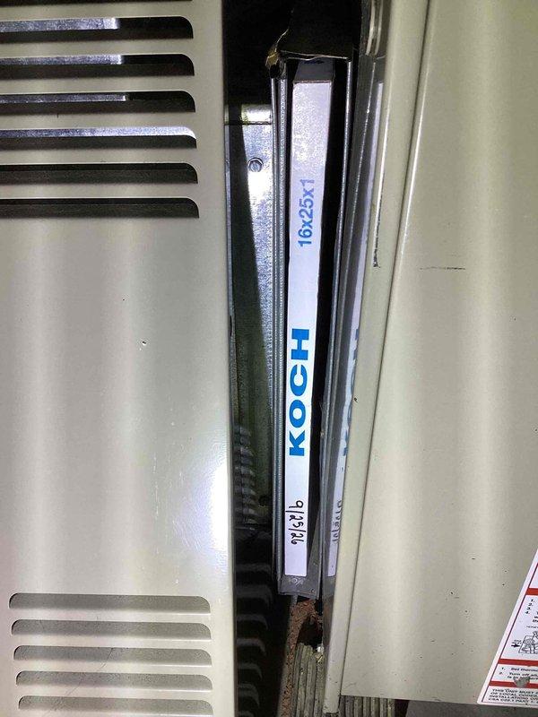 Completed annual furnace tune-up and maintenance inspection on 25-year-old heating unit per maintenance contract agreement. Performed comprehensive system evaluation including visual inspection of all components, burner assembly examination, heat exchanger inspection, blower motor operation check, and safety control testing. Replaced existing 16x25x1 Koch air filter with new filter to maintain proper airflow and system efficiency. All components found operating within normal parameters with no deficiencies noted. System tested and confirmed proper operation with adequate heating output and safe combustion. Unit left in good working condition with no issues identified or repairs required at this time.