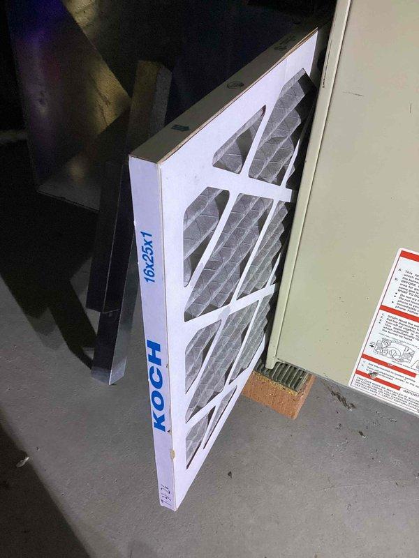 Completed annual furnace tune-up and maintenance inspection on 25-year-old heating unit per maintenance contract agreement. Performed comprehensive system evaluation including visual inspection of all components, burner assembly examination, heat exchanger inspection, blower motor operation check, and safety control testing. Replaced existing 16x25x1 Koch air filter with new filter to maintain proper airflow and system efficiency. All components found operating within normal parameters with no deficiencies noted. System tested and confirmed proper operation with adequate heating output and safe combustion. Unit left in good working condition with no issues identified or repairs required at this time.