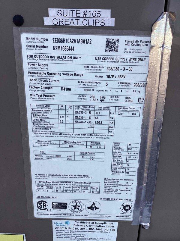 Responded to callback for Suite #105 (Great Clips) regarding non-operational air conditioning unit following recent maintenance visit. Upon arrival, inspected Goodman model 7E036H10A2A1ABA1A2 rooftop unit (208/230V-3-60, R410A refrigerant). Removed access panel and performed diagnostic evaluation of electrical and mechanical components including control board, blower motor, capacitors, wiring connections, and refrigerant lines. Identified issue, completed necessary repairs to restore cooling operation, and verified proper system function before departure.