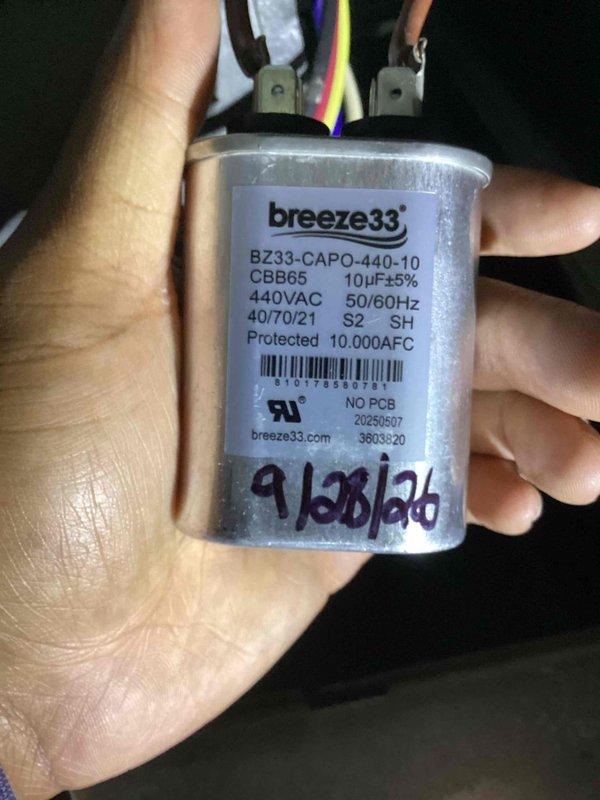 Completed annual heating maintenance on gas-powered furnace system. Inspected and tested HVAC capacitor (Breeze33 model BZ33-CAPO-440-10, 10μF 440VAC) for proper operation and verified electrical connections. Measured ambient temperature at 72.8°F using calibrated digital thermometer to confirm system performance and thermostat accuracy. All components functioning within normal operating parameters; system ready for heating season.