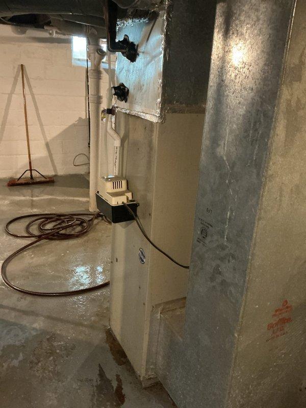 Completed full HVAC system replacement estimate for residential property. Assessed existing outdoor condensing unit with cylindrical vertical fin design connected to house via conduit and disconnect box, noting standard installation on concrete pad. Evaluated indoor basement equipment including condensate pump system and ductwork, documenting significant moisture issues with standing water on concrete floor that will require attention during installation planning.