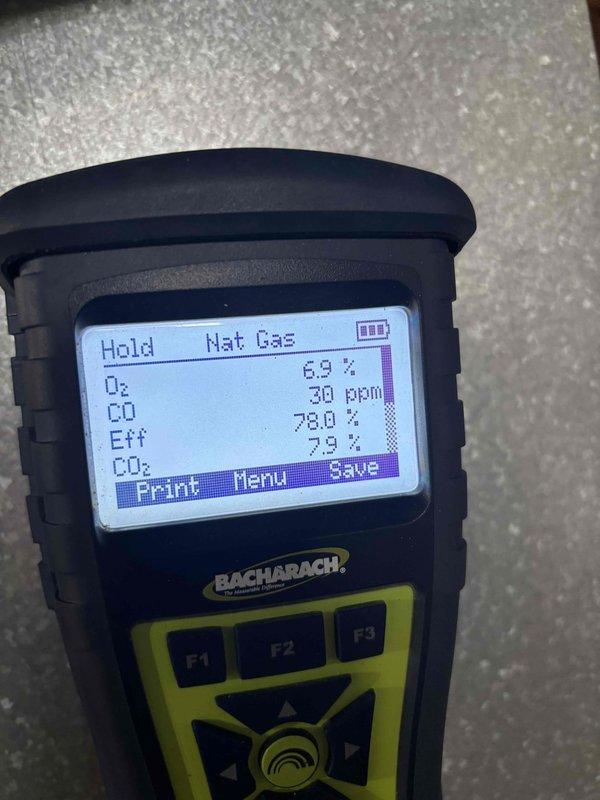 Completed fall heating maintenance on system. Performed combustion analysis using calibrated gas analyzer to verify safe and efficient operation. Initial readings showed oxygen level at 6.9%, carbon monoxide at 30 ppm, carbon dioxide at 78.0%, and combustion efficiency at 7.9%. Made necessary adjustments to optimize burner performance. Final readings confirmed improved operation with oxygen at 8.1%, carbon monoxide reduced to 2 ppm, carbon dioxide at 7.2%, and efficiency increased to 78.8%. All combustion parameters now within manufacturer specifications and safe operating ranges.