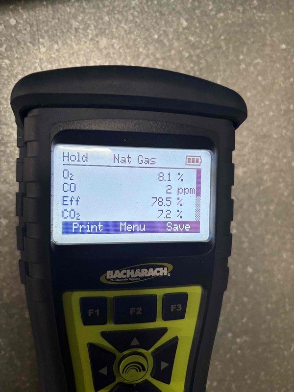 Completed fall heating maintenance on system. Performed combustion analysis using calibrated gas analyzer to verify safe and efficient operation. Initial readings showed oxygen level at 6.9%, carbon monoxide at 30 ppm, carbon dioxide at 78.0%, and combustion efficiency at 7.9%. Made necessary adjustments to optimize burner performance. Final readings confirmed improved operation with oxygen at 8.1%, carbon monoxide reduced to 2 ppm, carbon dioxide at 7.2%, and efficiency increased to 78.8%. All combustion parameters now within manufacturer specifications and safe operating ranges.