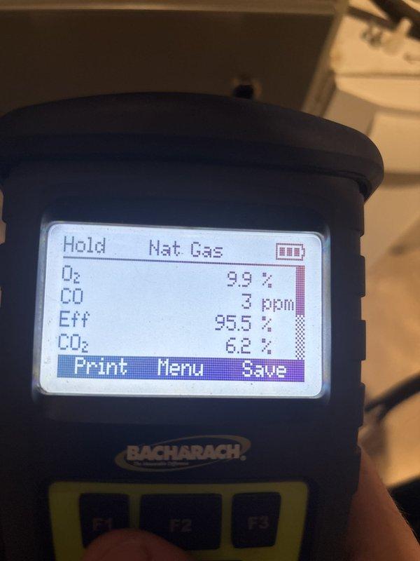 Completed maintenance on two heating systems, both 5-10 years old, as part of first-call MVP heat service. Performed combustion analysis on both units using Bacharach analyzer, with first system showing 85.5% efficiency, 9.9% O2, 3 ppm CO, and 6.2% CO2, while second system demonstrated improved performance at 96.3% efficiency, 8.0% O2, 11 ppm CO, and 7.3% CO2. All readings within acceptable parameters for natural gas equipment.