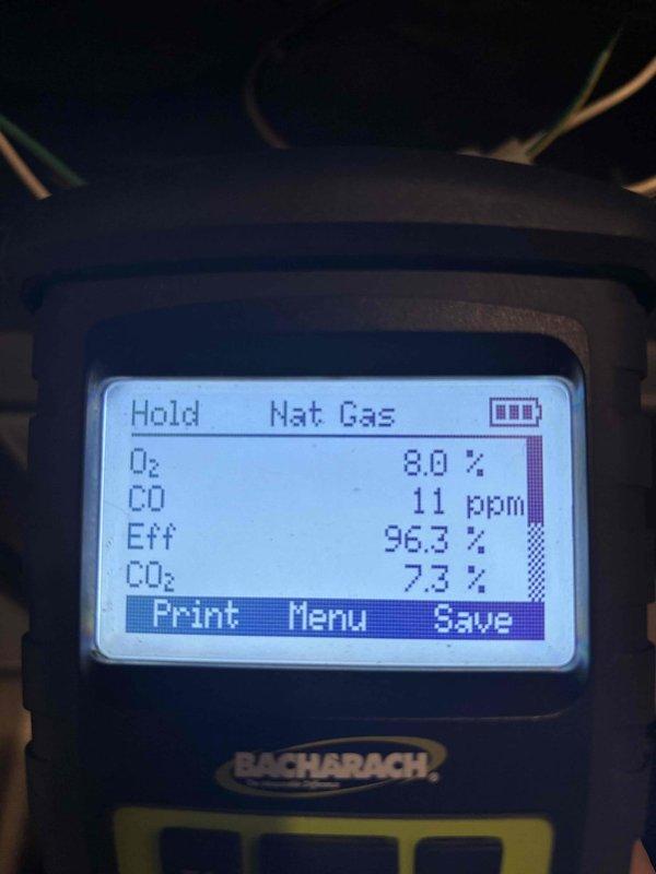 Completed maintenance on two heating systems, both 5-10 years old, as part of first-call MVP heat service. Performed combustion analysis on both units using Bacharach analyzer, with first system showing 85.5% efficiency, 9.9% O2, 3 ppm CO, and 6.2% CO2, while second system demonstrated improved performance at 96.3% efficiency, 8.0% O2, 11 ppm CO, and 7.3% CO2. All readings within acceptable parameters for natural gas equipment.
