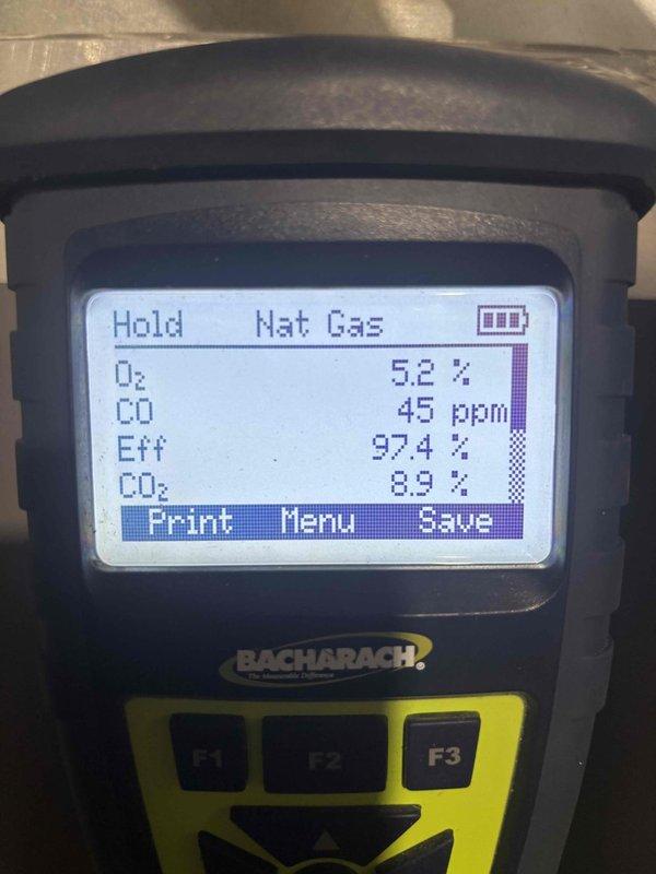 Completed fall maintenance inspection on natural gas heating system. Performed combustion analysis testing on both units, recording oxygen levels, carbon monoxide output, efficiency ratings, and carbon dioxide percentages to verify safe and optimal operation. First unit measured 5.2% O₂, 45 ppm CO, 97.4% efficiency, and 8.9% CO₂. Second unit measured 7.8% O₂, 10 ppm CO, 92.4% efficiency, and 7.4% CO₂. All readings documented and fall maintenance procedures completed per manufacturer specifications.