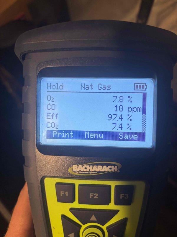 Completed fall maintenance inspection on natural gas heating system. Performed combustion analysis testing on both units, recording oxygen levels, carbon monoxide output, efficiency ratings, and carbon dioxide percentages to verify safe and optimal operation. First unit measured 5.2% O₂, 45 ppm CO, 97.4% efficiency, and 8.9% CO₂. Second unit measured 7.8% O₂, 10 ppm CO, 92.4% efficiency, and 7.4% CO₂. All readings documented and fall maintenance procedures completed per manufacturer specifications.