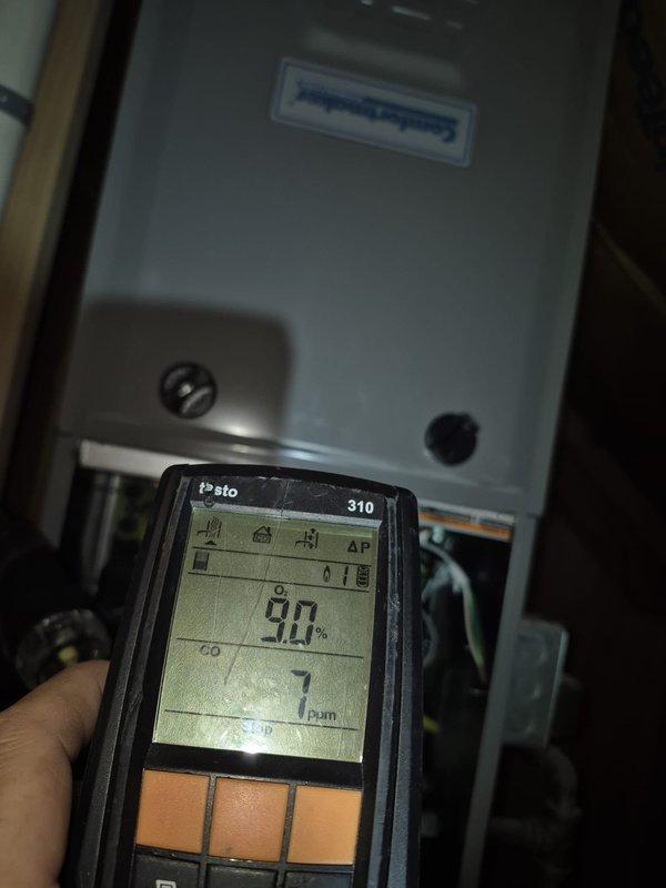 Completed fall heating maintenance on Rinnai unit. Performed combustion analysis using Testo 310 analyzer, recording oxygen levels at 9.0-9.3% and carbon monoxide readings at 1-28 ppm. Documented model and serial numbers of existing equipment and identified two additional units requiring future service integration.