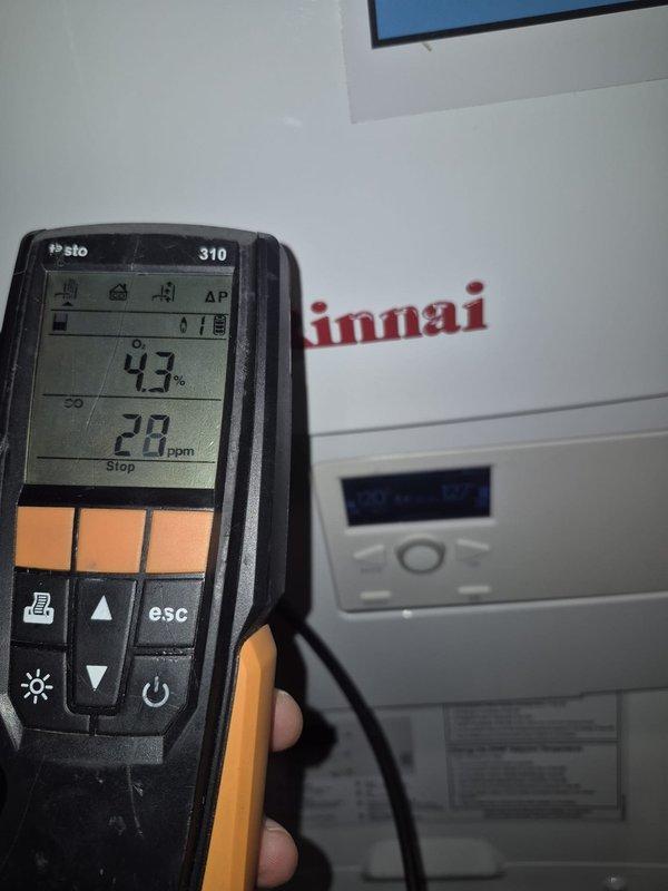 Completed fall heating maintenance on Rinnai unit. Performed combustion analysis using Testo 310 analyzer, recording oxygen levels at 9.0-9.3% and carbon monoxide readings at 1-28 ppm. Documented model and serial numbers of existing equipment and identified two additional units requiring future service integration.