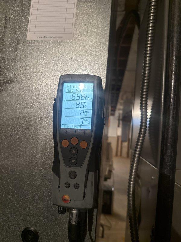 Performed a complete furnace tune-up, including cleaning and inspecting the inducer blower assembly, pressure switches, gas valve, flue connections, and associated wiring, with no visible damage, rust, or abnormalities noted. Conducted a combustion analysis on the flue gases, recording 8.9% O2, 2 ppm CO, and 3 ppm CO-AF with 65.8% excess air, confirming safe and proper operation. Furnace is operating within normal parameters, and the customer was enrolled in the maintenance agreement with a copy provided.