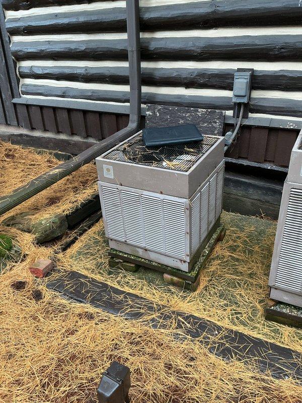 Performed an on-site evaluation for a multi-system retrofit replacement, inspecting the basement gas furnace with its burner assembly, gas valve, and wiring exposed, along with the adjacent water heater and existing supply plenum and flexible ductwork. Assessed the two exterior condenser units, noting the elevated unit mounted on blocks with debris accumulation and weathered cabinet panels, and documented the electrical disconnect and conduit configuration. Measured the equipment locations and took photographs to size and specify replacement furnace and condenser equipment.