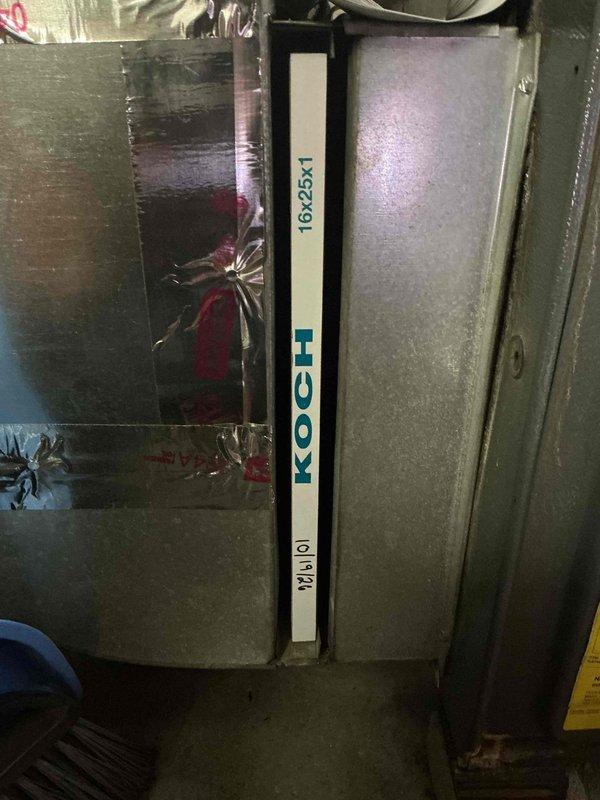 Performed a scheduled commercial heating maintenance visit, inspecting the return air ductwork and verifying the 16x25x1 filter installation, which was found to be dated 10/19/21 and in need of replacement. Measured duct surface temperature at 126.3°F with a digital pocket thermometer to confirm heating operation, and checked the foil-taped duct seams, with no damage, frost, or rust observed.