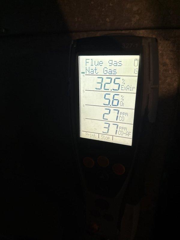Responded to a no-heat call on a Comfort-Aire gas furnace reported to have a buzzing noise and failure to cycle, with a suspected blower motor or control board fault. Inspected the inducer assembly, pressure switch, gas valve, and burner compartment, then restored operation with stable burner flame established. Verified performance with a combustion analysis on natural gas, recording 5.6% O2, 32.5% excess air, 27 ppm CO, and 37 ppm air-free CO, all within acceptable limits.