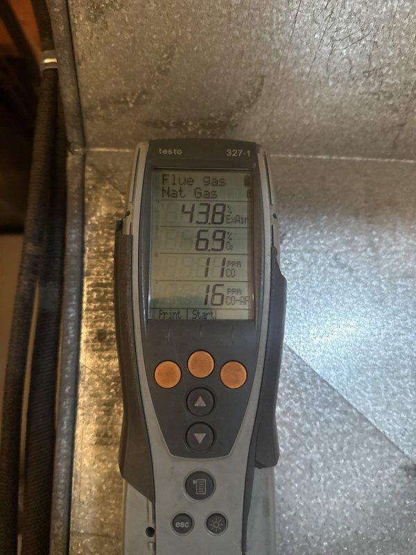Performed fall heating maintenance on the natural gas furnace, including a flue gas combustion analysis showing 6.9% O2, 43.8% excess air, and 11 ppm CO (16 ppm air-free), all within acceptable operating limits. Inspected and serviced the return air filter, which showed moderate dust loading, to maintain proper airflow and system efficiency. Unit operation verified with no visible rust, frost, or damage observed.