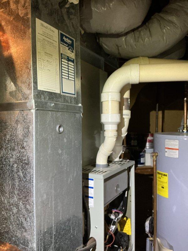 Performed an on-site evaluation for replacement of an existing upright gas furnace, documenting the PVC condensate and venting runs, galvanized supply plenum, and flexible duct connections. Noted the plenum-mounted Aprilaire humidifier and adjacent water heater, with no visible rust, frost, or leaks, and confirmed the unit's location, clearances, and ductwork configuration to support an accurate replacement and retrofit estimate.