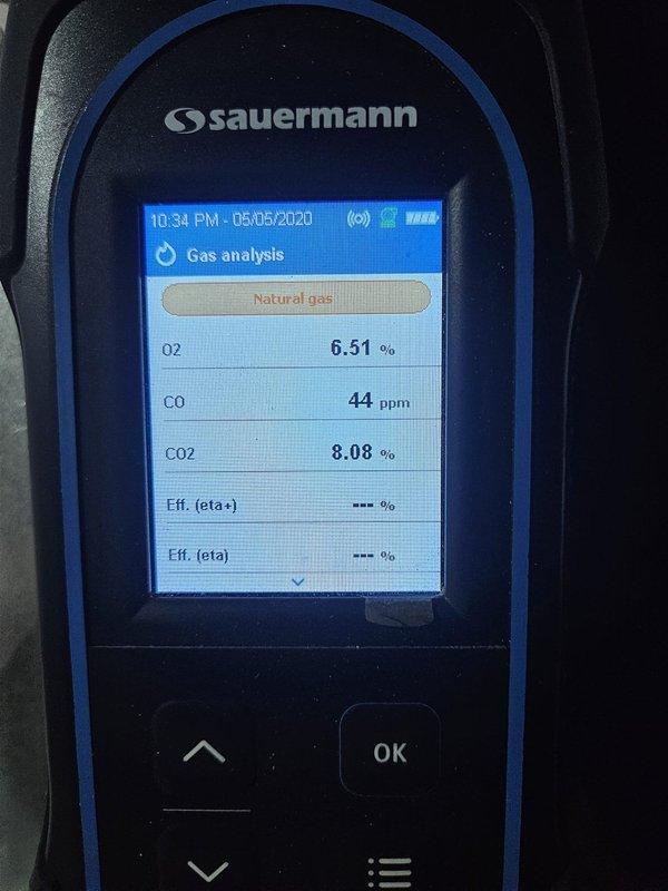 Performed fall heating maintenance on two furnaces, including combustion analysis of each unit using a calibrated flue gas analyzer on natural gas. One unit tested at 6.51% O2, 8.08% CO2, and 44 ppm CO, and the other at 10.82% O2, 5.67% CO2, and 7 ppm CO, with all CO levels within acceptable limits. Combustion readings were documented to verify safe, proper burner operation heading into the heating season.