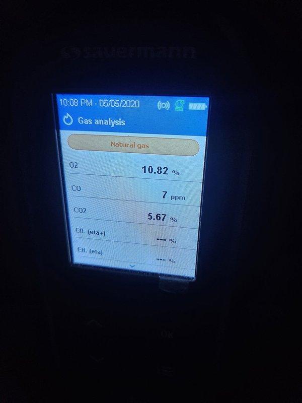 Performed fall heating maintenance on two furnaces, including combustion analysis of each unit using a calibrated flue gas analyzer on natural gas. One unit tested at 6.51% O2, 8.08% CO2, and 44 ppm CO, and the other at 10.82% O2, 5.67% CO2, and 7 ppm CO, with all CO levels within acceptable limits. Combustion readings were documented to verify safe, proper burner operation heading into the heating season.