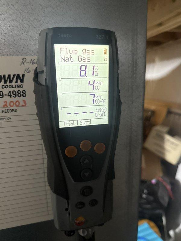 Performed annual gas furnace maintenance, including inspection of the inducer/collector assembly, gas piping and valve, wiring harness, PVC vent and condensate drain connections, and interior cabinet components, with no breakage, rust, or leaks observed. Conducted a combustion analysis on natural gas, with flue gas readings of 8.1% O2, 4 ppm CO, and 7 ppm air-free CO confirming safe, efficient combustion within normal operating parameters.