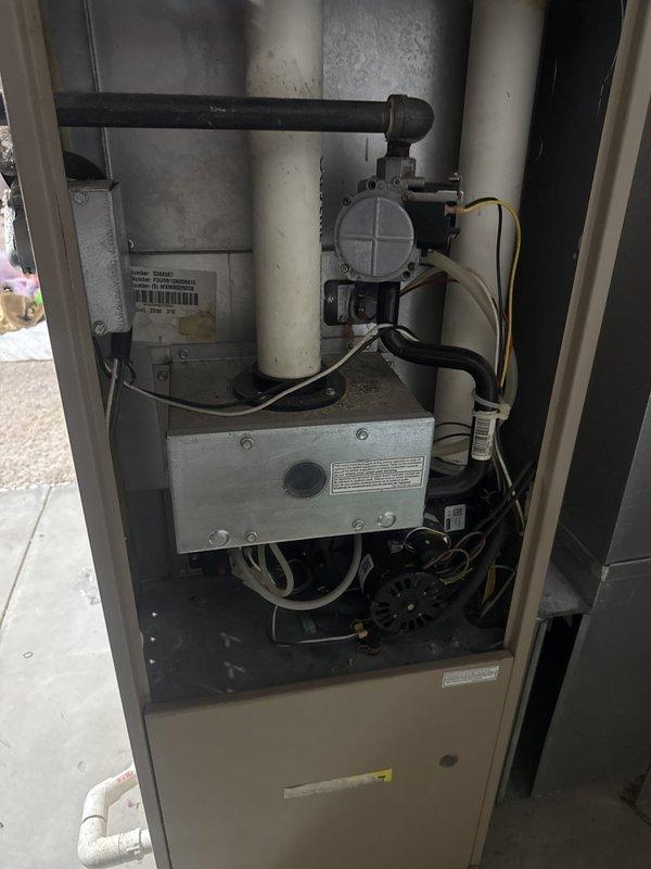 Performed annual gas furnace maintenance, including inspection of the inducer/collector assembly, gas piping and valve, wiring harness, PVC vent and condensate drain connections, and interior cabinet components, with no breakage, rust, or leaks observed. Conducted a combustion analysis on natural gas, with flue gas readings of 8.1% O2, 4 ppm CO, and 7 ppm air-free CO confirming safe, efficient combustion within normal operating parameters.