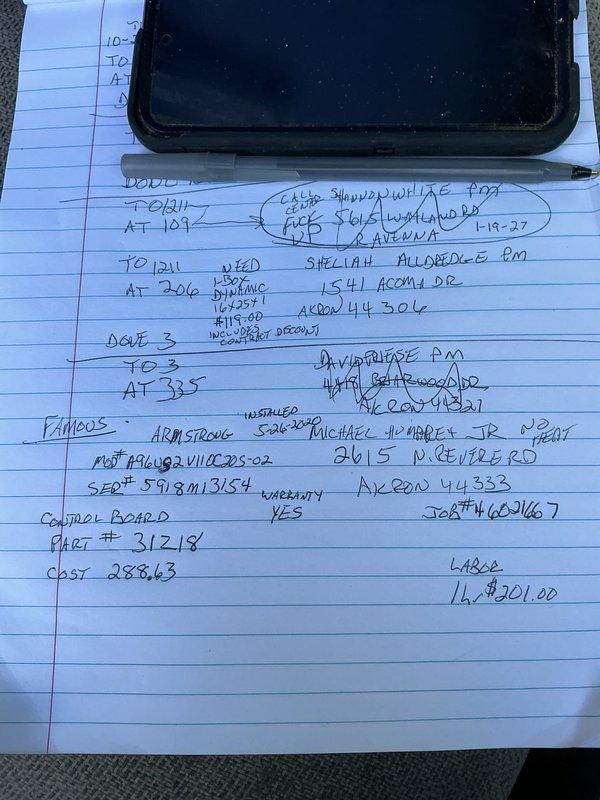 Responded to a no-heat call on a 6-year-old furnace that failed to start when the thermostat called for heat. Performed diagnostics on the system, including inspection of the integrated furnace control board and low-voltage thermostat wiring connections, and documented the unit's model and serial numbers along with the replacement part information. The control board showed no visible burns, corrosion, or physical damage.