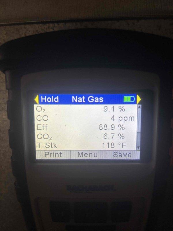 Performed scheduled heating maintenance on a 22-year-old gas furnace, including a combustion analysis on natural gas. Results were within normal operating range: O₂ 9.1%, CO 4 ppm, CO₂ 6.7%, stack temperature 118°F, and combustion efficiency of 88.9%. The unit was operating normally at completion of the visit.