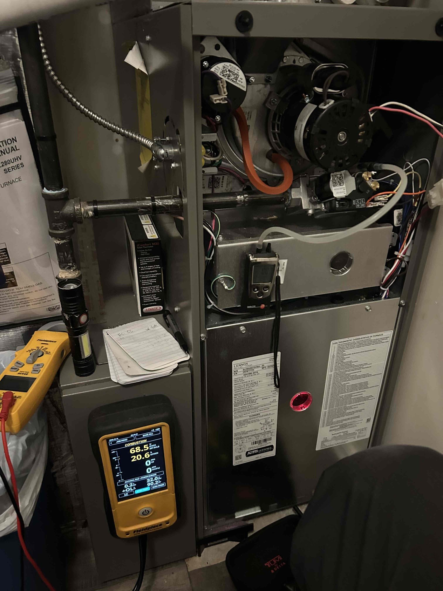 Performed non condensing gas furnace inspection/maintenance.
Serviced the humidifier, replaced the water panel.
The air filter is still good.
System works properly at this time.
