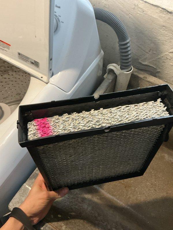 Completed maintenance agreement service on customer's furnace and humidifier system. Replaced air filters with #10 and 16x25x1 filters (General Service). Visually inspected HVAC equipment in basement utility room, confirming proper installation of new filter and examining ductwork condition.