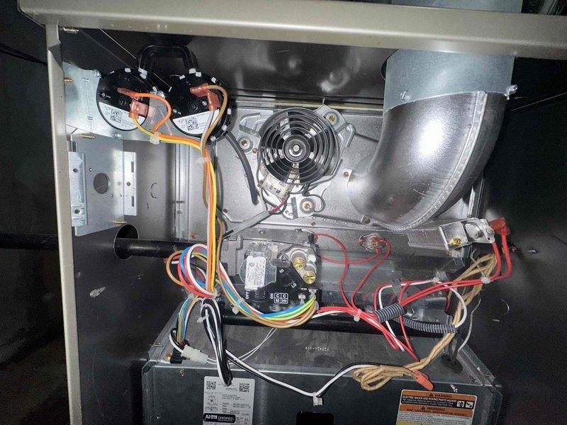 Responded to customer complaint of noise from HVAC unit installed in November. Performed diagnostic inspection of furnace components with focus on the inducer motor and blower assembly. Determined noise was originating from the inducer motor fan blade which had become slightly unbalanced. Adjusted and secured fan blade assembly to eliminate vibration noise. Unit now operating normally with no unusual sounds.