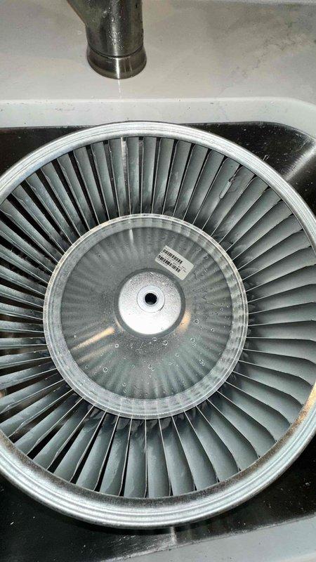 Performed blower wheel cleaning service for Ernesto. Removed blower wheel assembly, thoroughly cleaned accumulated debris and residue from fan blades, and reinstalled component. Cleaning completed as contracted on work order.
