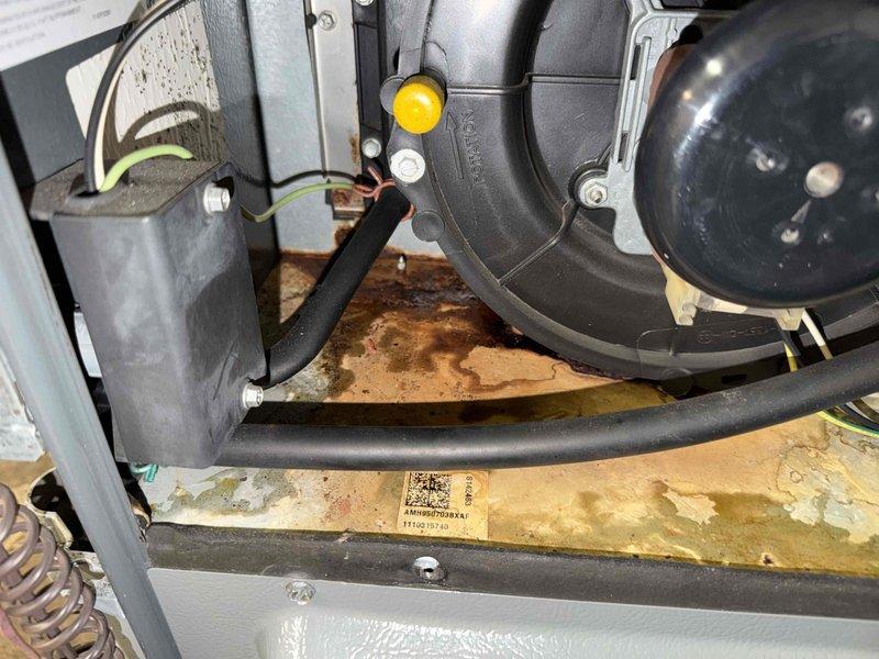 Responded to a no-heat emergency call for an aging furnace (10+ years) exhibiting dangerous conditions. Diagnostic inspection with specialized camera equipment revealed critical safety hazards including carbon monoxide leakage measuring 2000 PPM at exterior exhaust and compromised PVC venting pipe showing heat damage. Additionally identified natural gas leak confirmed by utility company, which had already recommended system shutdown. Observed evidence of moisture damage to blower assembly housing and mounting platform.