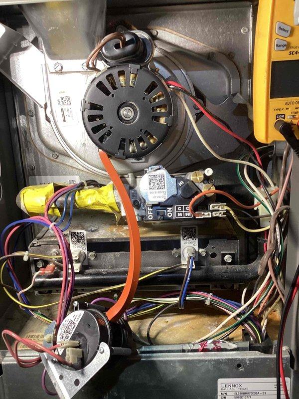 Responded to no-heat call for a Lennox system. Diagnosed issue with thermostat reporting indoor temperature of 53°F while set to 62°F with heating mode active. Performed multimeter testing on blower motor and electrical components, identifying faulty control board causing system failure. Replaced control board and verified proper operation, restoring heat functionality.