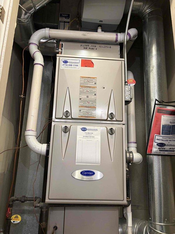 Conducted assessment of 13-year-old HVAC system including Carrier furnace and outdoor AC unit, evaluating repair vs. replacement options. Inspection revealed aging components with purple-marked PVC ventilation connections and documented current filter specifications. System has easy access for replacement with outdoor unit positioned on prepared mulch bed with stone paver surround. Completed evaluation before customer's 1PM departure deadline.