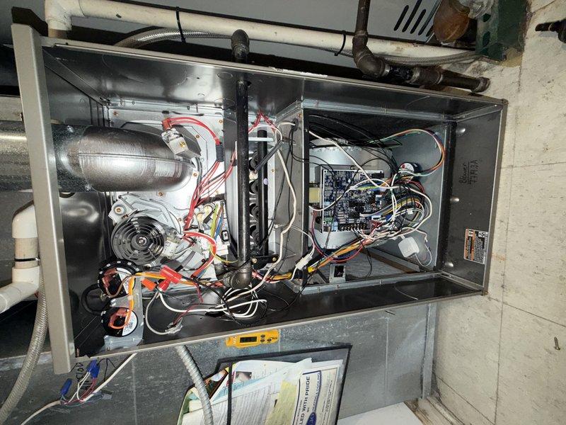 Performed fall heating tune-up on residential system, including inspection and maintenance of Aprilaire whole-home humidifier and furnace unit. Checked electrical connections, heat exchanger integrity, and control board functionality, ensuring optimal operation for the heating season.