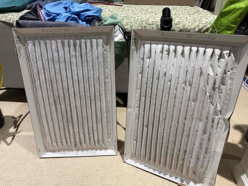 Diagnosed Carrier furnace issue causing cold air output and short cycling. Performed electrical testing with multimeter showing 15.24 amp draw. Identified and replaced two damaged air filters that were bending due to excessive pressure differential, which was restricting airflow and causing system inefficiency.