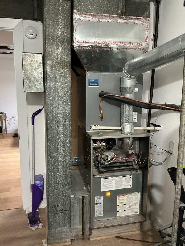 Completed standard maintenance service on a GS furnace with 16x25x1 filter. Inspected thermostat functionality (Pro brand digital display) and examined main furnace unit with connected ductwork. System appears to be operating within normal parameters with no immediate concerns identified.
