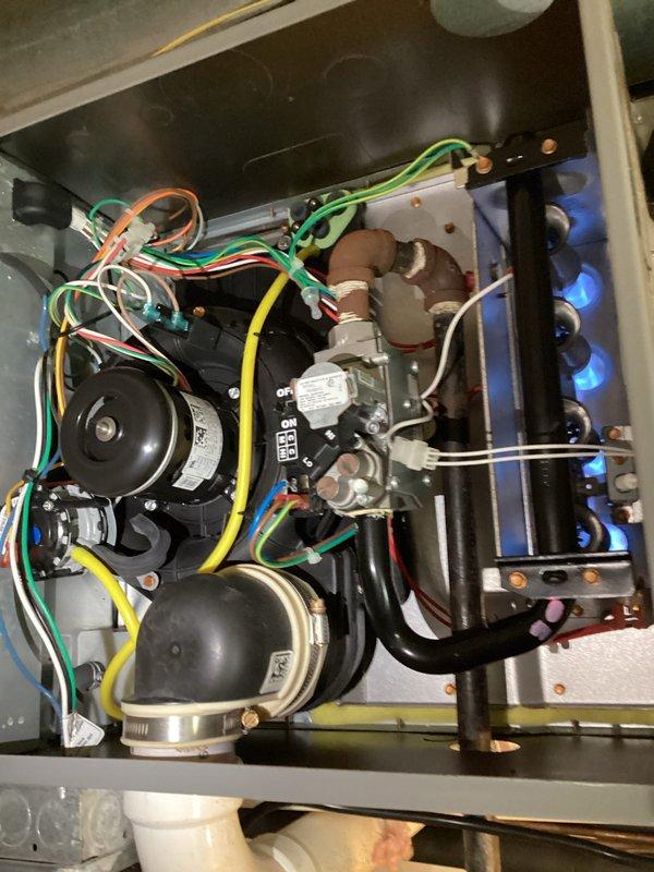 Performed annual maintenance on 1-year-old 89% efficiency gas furnace located in laundry room. Inspected thermostat functionality (confirming 72° reading and proper system response) and examined interior components including blower motor, wiring connections, and gas valve assembly. Verified proper flame sensor operation as indicated by blue illumination in burner section.