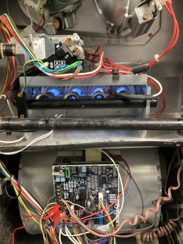 Performed routine maintenance agreement service on furnace, humidifier, and tankless water heater. Replaced filter with 16x25x1 filter and inspected burner assembly, confirming proper flame pattern and combustion. All components functioning within normal parameters.