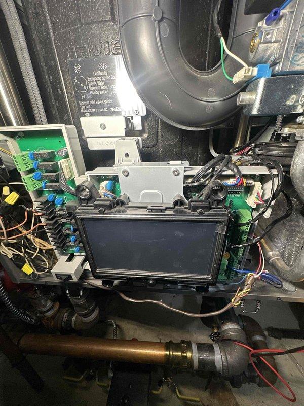 Responded to callback for boiler not functioning despite recent repairs. Diagnostic testing revealed faulty control board circuit with compromised connections. Replaced damaged wiring harness and recalibrated digital interface on hydronic system to restore proper operation of circulator pump and control functions.